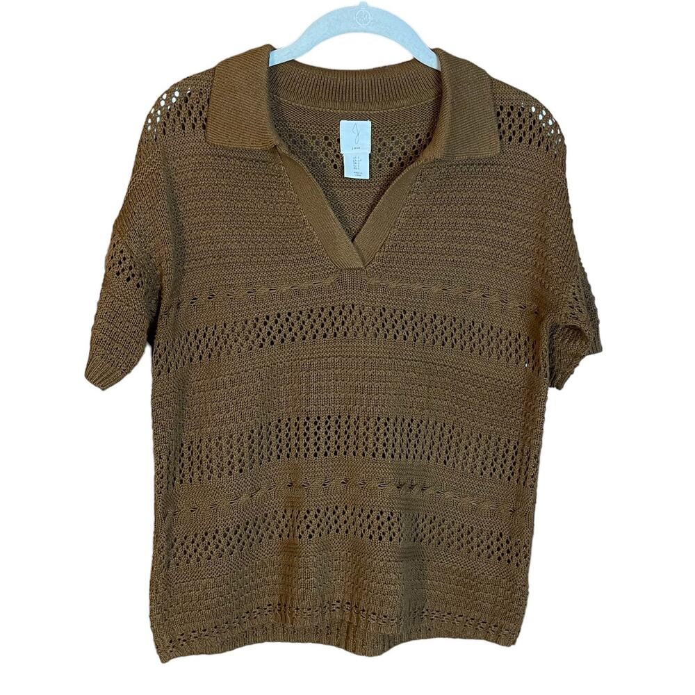 Joie Brown Crochet Collared Beach Shirt Size S